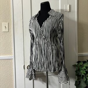 Kaelyn-Max-II “Mob Wife” Faux Wrap Black & White Crinkle Blouse,